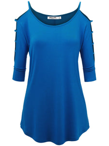 WT1803 Womens 3/4 sleeve Hollowed Out Shoulder Top T Shirts