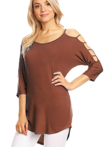 WT1803 Womens 3/4 sleeve Hollowed Out Shoulder Top T Shirts