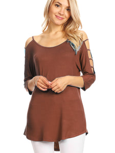 WT1803 Womens 3/4 sleeve Hollowed Out Shoulder Top T Shirts