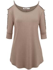 WT1803 Womens 3/4 sleeve Hollowed Out Shoulder Top T Shirts