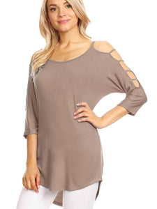 WT1803 Womens 3/4 sleeve Hollowed Out Shoulder Top T Shirts