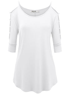 WT1803 Womens 3/4 sleeve Hollowed Out Shoulder Top T Shirts