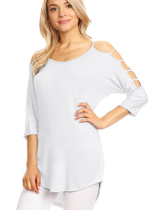 WT1803 Womens 3/4 sleeve Hollowed Out Shoulder Top T Shirts