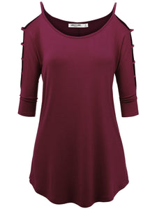 WT1803 Womens 3/4 sleeve Hollowed Out Shoulder Top T Shirts
