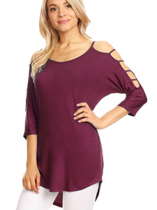 WT1803 Womens 3/4 sleeve Hollowed Out Shoulder Top T Shirts