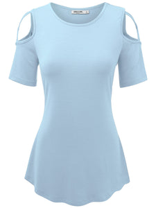 WT1805 Women's Short Sleeve Loose Strappy Open Shoulder Tops