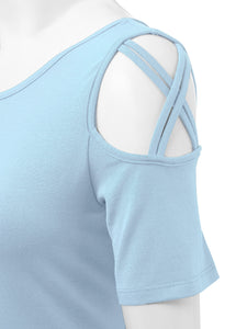 WT1805 Women's Short Sleeve Loose Strappy Open Shoulder Tops