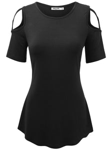 WT1805 Women's Short Sleeve Loose Strappy Open Shoulder Tops