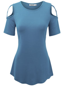 WT1805 Women's Short Sleeve Loose Strappy Open Shoulder Tops