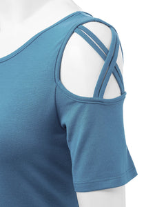 WT1805 Women's Short Sleeve Loose Strappy Open Shoulder Tops