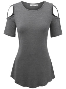 WT1805 Women's Short Sleeve Loose Strappy Open Shoulder Tops