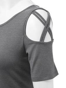 WT1805 Women's Short Sleeve Loose Strappy Open Shoulder Tops