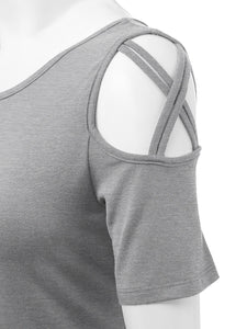 WT1805 Women's Short Sleeve Loose Strappy Open Shoulder Tops