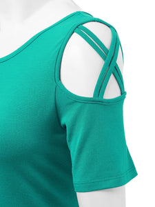 WT1805 Women's Short Sleeve Loose Strappy Open Shoulder Tops