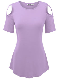 WT1805 Women's Short Sleeve Loose Strappy Open Shoulder Tops