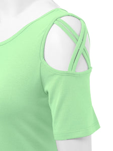WT1805 Women's Short Sleeve Loose Strappy Open Shoulder Tops