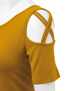WT1805 Women's Short Sleeve Loose Strappy Open Shoulder Tops