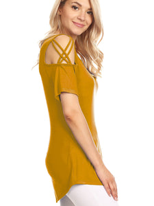 WT1805 Women's Short Sleeve Loose Strappy Open Shoulder Tops