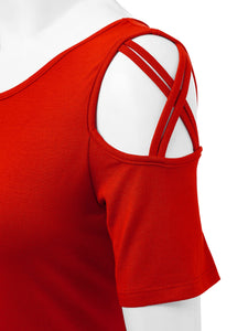 WT1805 Women's Short Sleeve Loose Strappy Open Shoulder Tops