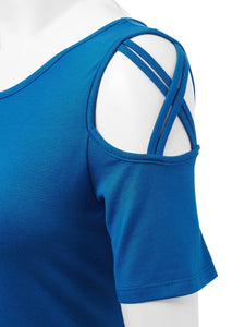 WT1805 Women's Short Sleeve Loose Strappy Open Shoulder Tops