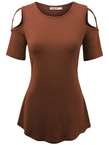 WT1805 Women's Short Sleeve Loose Strappy Open Shoulder Tops