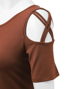 WT1805 Women's Short Sleeve Loose Strappy Open Shoulder Tops