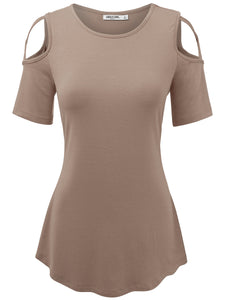 WT1805 Women's Short Sleeve Loose Strappy Open Shoulder Tops