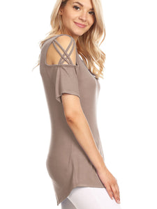 WT1805 Women's Short Sleeve Loose Strappy Open Shoulder Tops