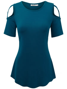 WT1805 Women's Short Sleeve Loose Strappy Open Shoulder Tops