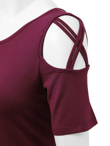 WT1805 Women's Short Sleeve Loose Strappy Open Shoulder Tops