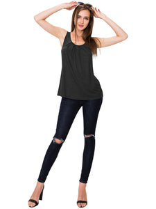 WT2148 Women's Summer Sleeveless Scoop Neck Pleated  Loose Fit Casual Tank Top