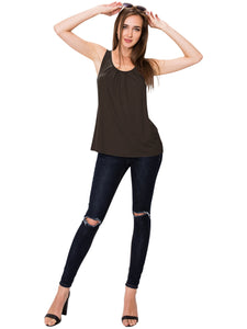 WT2148 Women's Summer Sleeveless Scoop Neck Pleated  Loose Fit Casual Tank Top