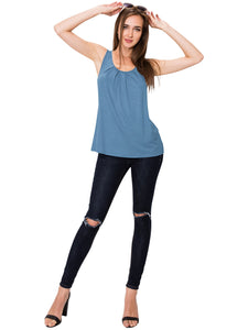 WT2148 Women's Summer Sleeveless Scoop Neck Pleated  Loose Fit Casual Tank Top