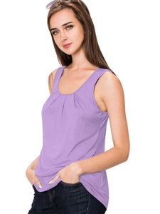WT2148 Women's Summer Sleeveless Scoop Neck Pleated  Loose Fit Casual Tank Top