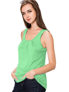 WT2148 Women's Summer Sleeveless Scoop Neck Pleated  Loose Fit Casual Tank Top
