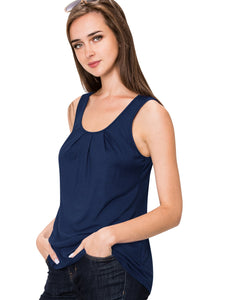 WT2148 Women's Summer Sleeveless Scoop Neck Pleated  Loose Fit Casual Tank Top