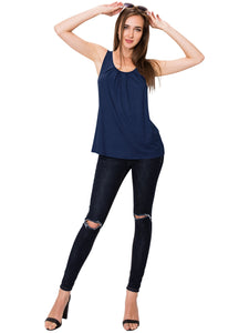 WT2148 Women's Summer Sleeveless Scoop Neck Pleated  Loose Fit Casual Tank Top
