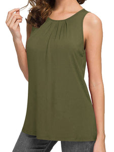 WT2148 Women's Summer Sleeveless Scoop Neck Pleated  Loose Fit Casual Tank Top