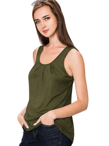 WT2148 Women's Summer Sleeveless Scoop Neck Pleated  Loose Fit Casual Tank Top