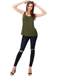 WT2148 Women's Summer Sleeveless Scoop Neck Pleated  Loose Fit Casual Tank Top