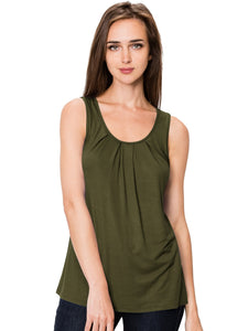 WT2148 Women's Summer Sleeveless Scoop Neck Pleated  Loose Fit Casual Tank Top