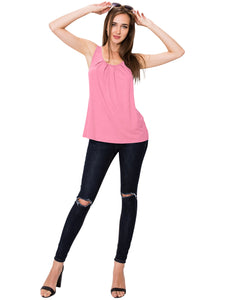WT2148 Women's Summer Sleeveless Scoop Neck Pleated  Loose Fit Casual Tank Top