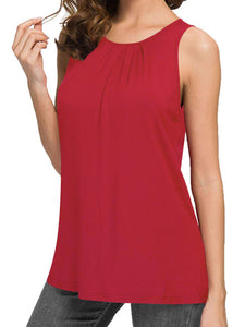 WT2148 Women's Summer Sleeveless Scoop Neck Pleated  Loose Fit Casual Tank Top