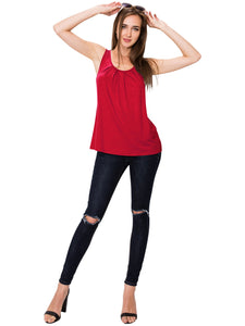 WT2148 Women's Summer Sleeveless Scoop Neck Pleated  Loose Fit Casual Tank Top