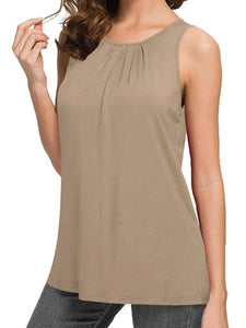 WT2148 Women's Summer Sleeveless Scoop Neck Pleated  Loose Fit Casual Tank Top