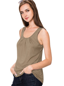 WT2148 Women's Summer Sleeveless Scoop Neck Pleated  Loose Fit Casual Tank Top
