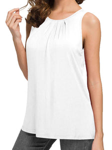 WT2148 Women's Summer Sleeveless Scoop Neck Pleated  Loose Fit Casual Tank Top