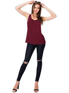 WT2148 Women's Summer Sleeveless Scoop Neck Pleated  Loose Fit Casual Tank Top