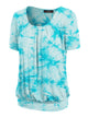 WT2164 Women's Tie dye Scoop Neck Short Sleeve Front Pleated Blouse Tunic Top