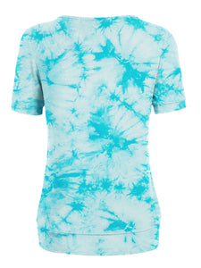 WT2164 Women's Tie dye Scoop Neck Short Sleeve Front Pleated Blouse Tunic Top